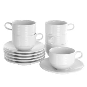 Elama Drew 12 Piece 8 Ounce Porcelain Cup and Saucer Set in White