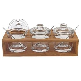 6" Mouth Blown Crystal Jam Set With 3 Glass Jars and Spoons on a Wood Stand